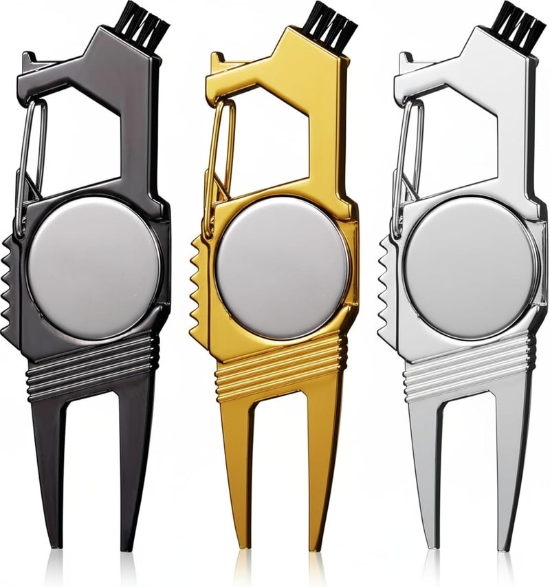 Poen 3 Pcs 7 in 1 Golf Divot Repair Tool and Ball Marker Golf Accessories for Men, Bottle Opener, Groove Cleaner, Putting Alignment, Metal Green Tool - Image 1